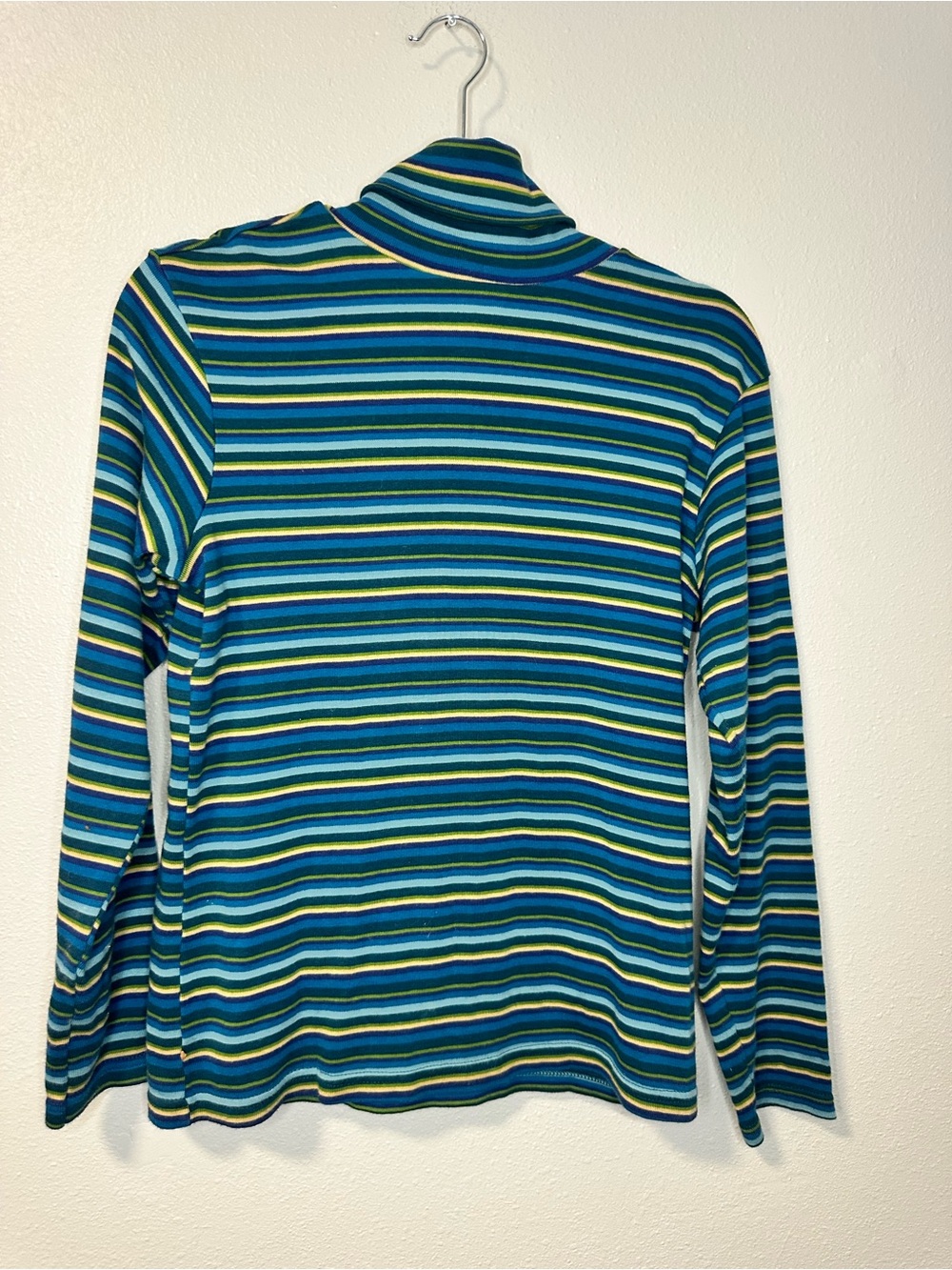 Vintage 90s Striped Turtleneck Top Blue Green Ribbed Cotton